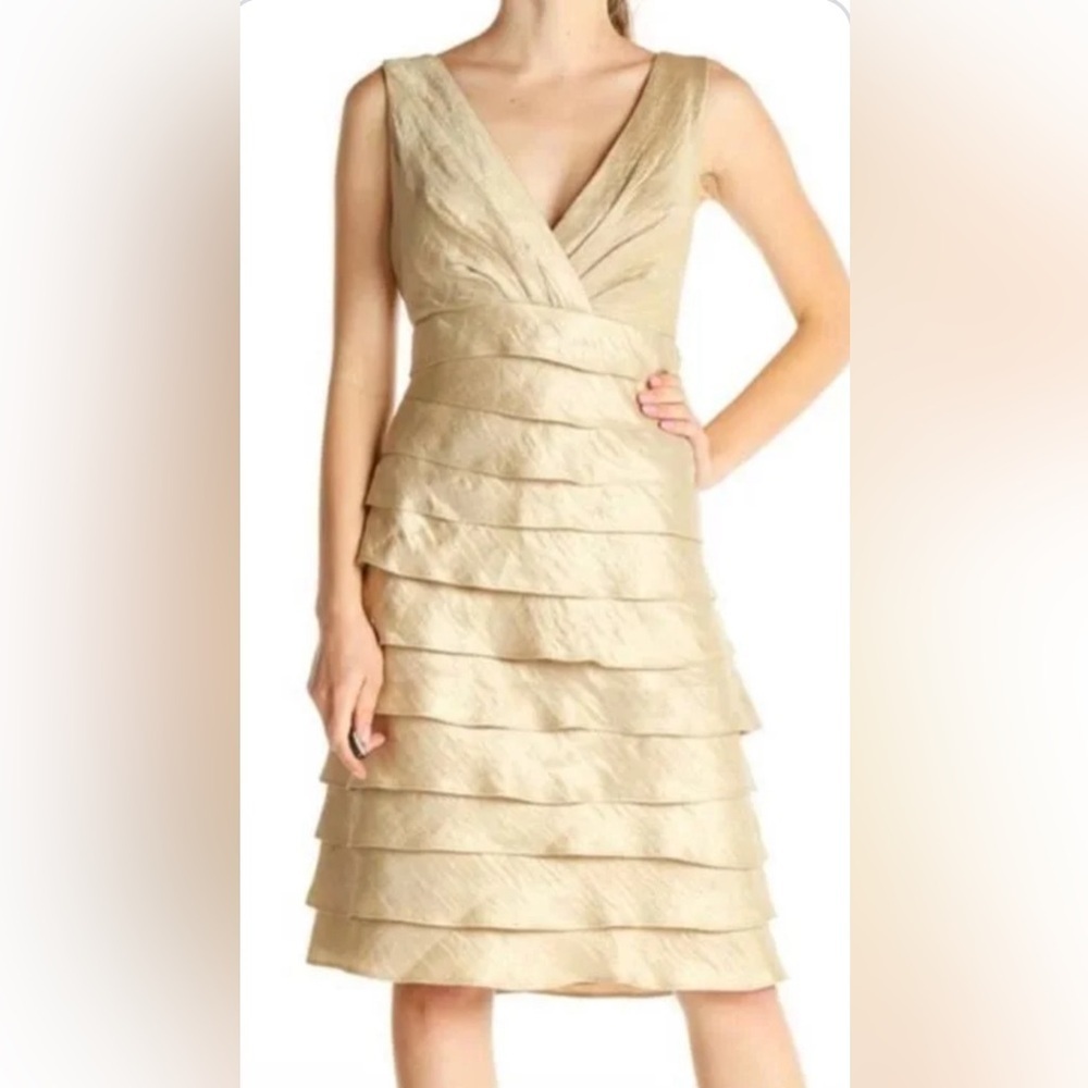London Times dress, gold, layered, figure-flattering. Size 16
